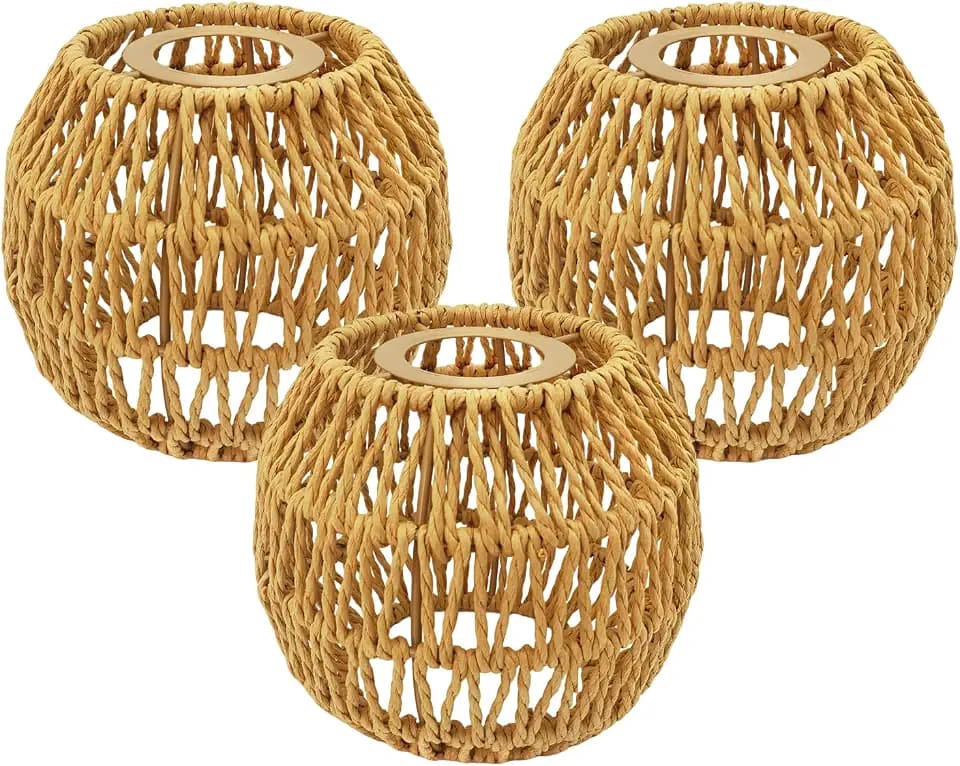 3-Pack Boho Rattan Lamp Shades - Lantern Shade Natural Wicker Lampshades