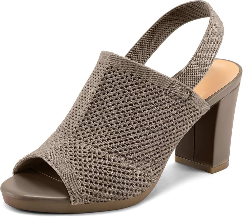 mysoft Women's Knit Peep Toe Sandals Elastic Slingback Chunky Block Heels