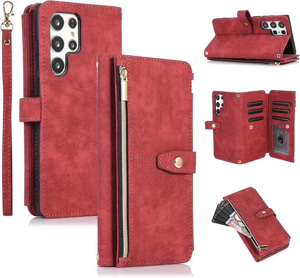 UEEBAI Case for Samsung Galaxy S22 Ultra 5G, 9 Card Slots Retro Leather Wallet Shockproof Flip Cover with Hand Strap Card Slots Zipper Pocket Kickstand Handbag Magnetic Closure - Retro Red Wine