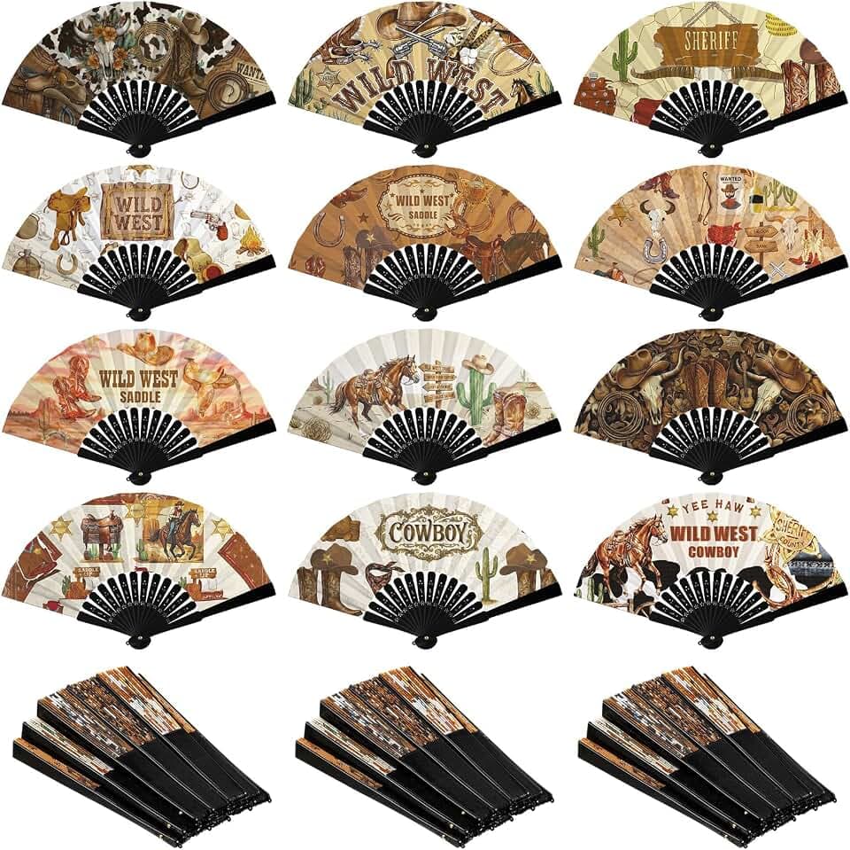 Qunclay 24 Pcs Cowboy Folding Fans, Western Hand Fans for Party Favors