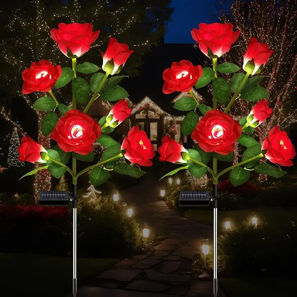 DWH 2 Pack Solar Garden Lights Outdoor, 7-Flower Rose LED Stake Light for Yard Patio Pathway Lawn Fence Cemetery, Red