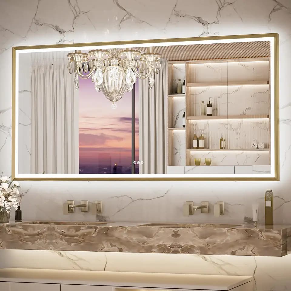 Keonjinn 72 x 36 Inch Gold Bathroom Mirror with Frontlit & Backlit, Metal Framed Beveled Edge LED Wall Mirror, Large Vanity Mirror with Anti Fog, Stepless 3-Color Temperature, UL-Listed Driver