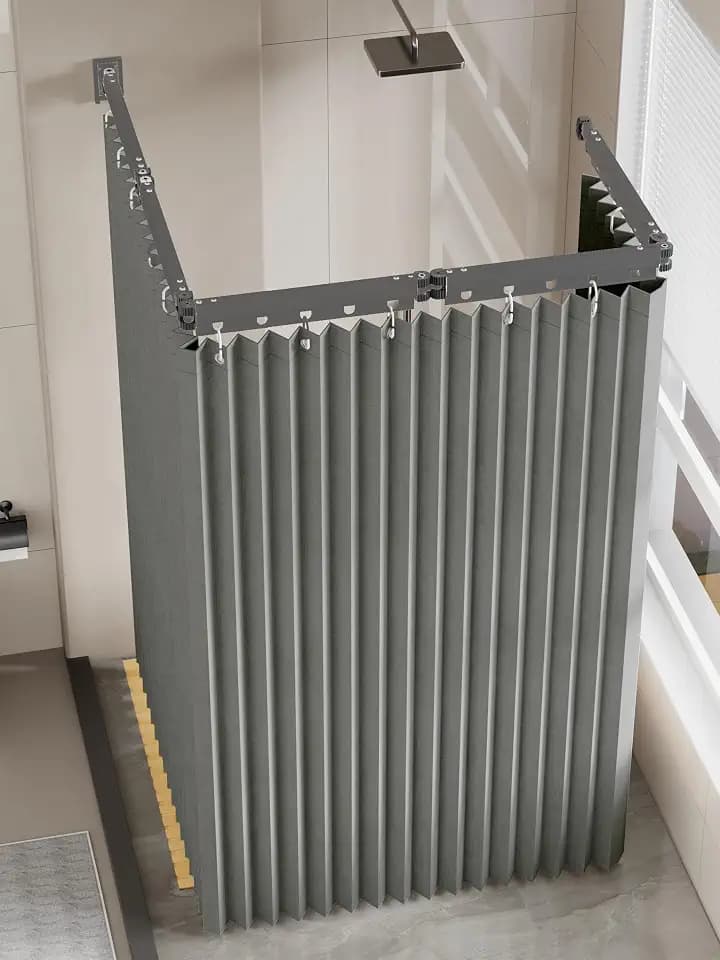 Duschvorhangstange Ohne Bohren, Faltbar 2m, mit Duschvorhang 1,8×2m, 5-fach Stange & 25,5cm Teleskopstange, für Badezimmer, Umkleidekabinen, Wohnmobile (Grau)
