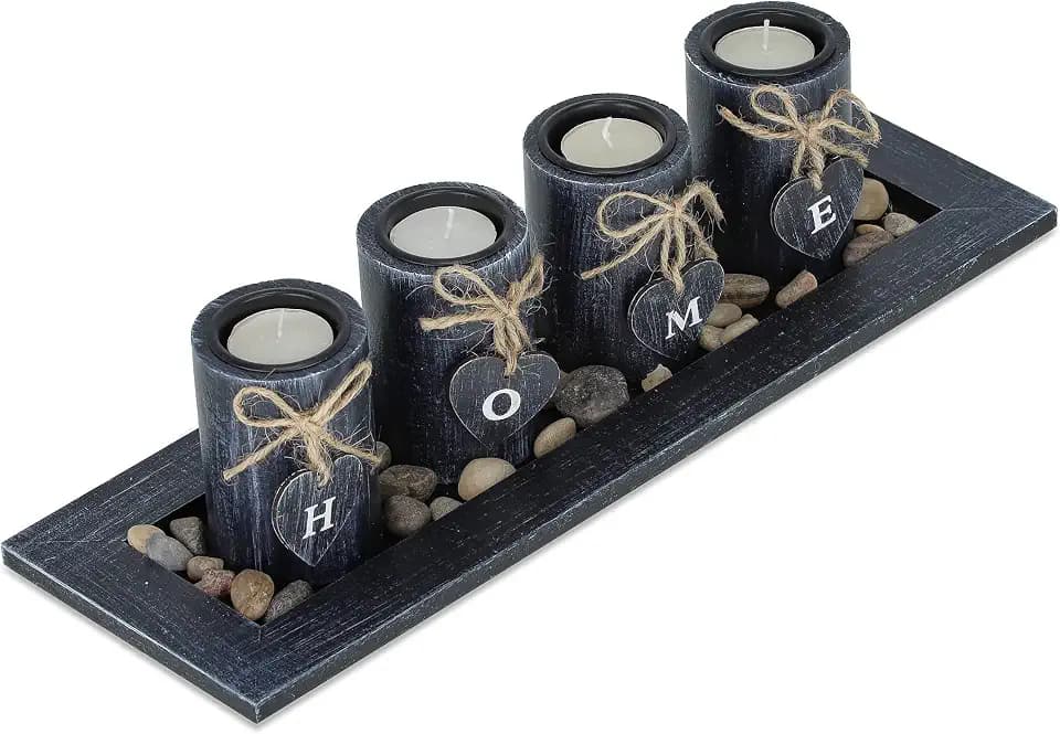 Relaxdays Teelichthalter Set mit Tablett & Steinen, 39,5 cm lang, Tischdeko Wohnzimmer, Kerzenhalter Home, schwarz