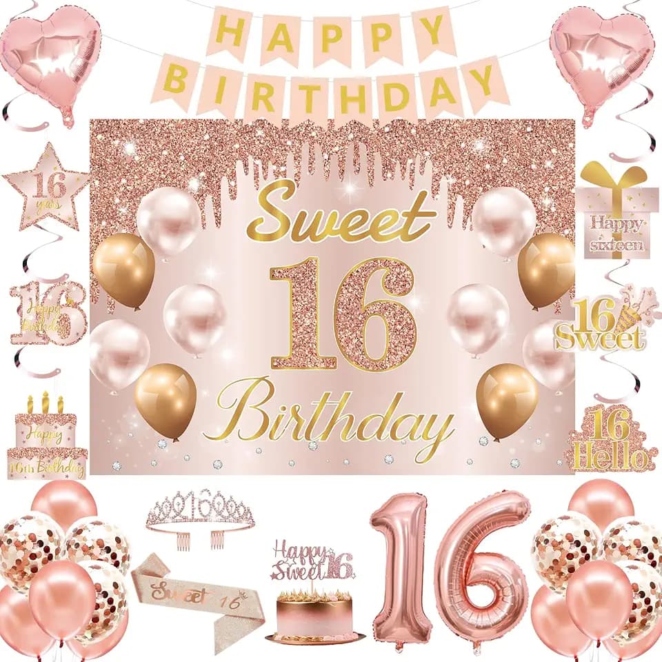 Sweet 16 Party Decorations, Sweet 16th Birthday Crown and Sash Pink Rose Gold Sixteen Cake Topper Banner Backdrop Balloons Hanging Swirls for Girls Happy 16 Years Old Party Supplies