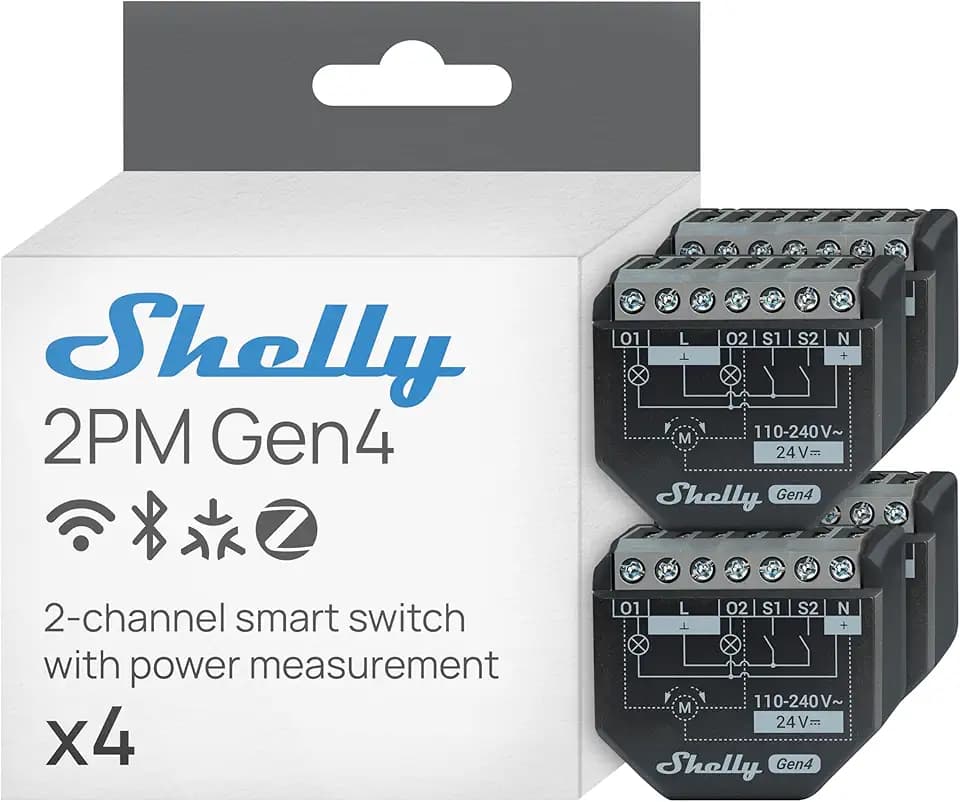 Shelly 2PM Gen4 - WLAN Smart Relais Schalter, Rolladenschalter, Stromzähler, 2 Kanäle, 16A, Lichtschalter, Smart Home, Zeitschaltuhr, Alexa, Google & HomeKit, Matter, Kein Hub Erforderlich (4 Stück)