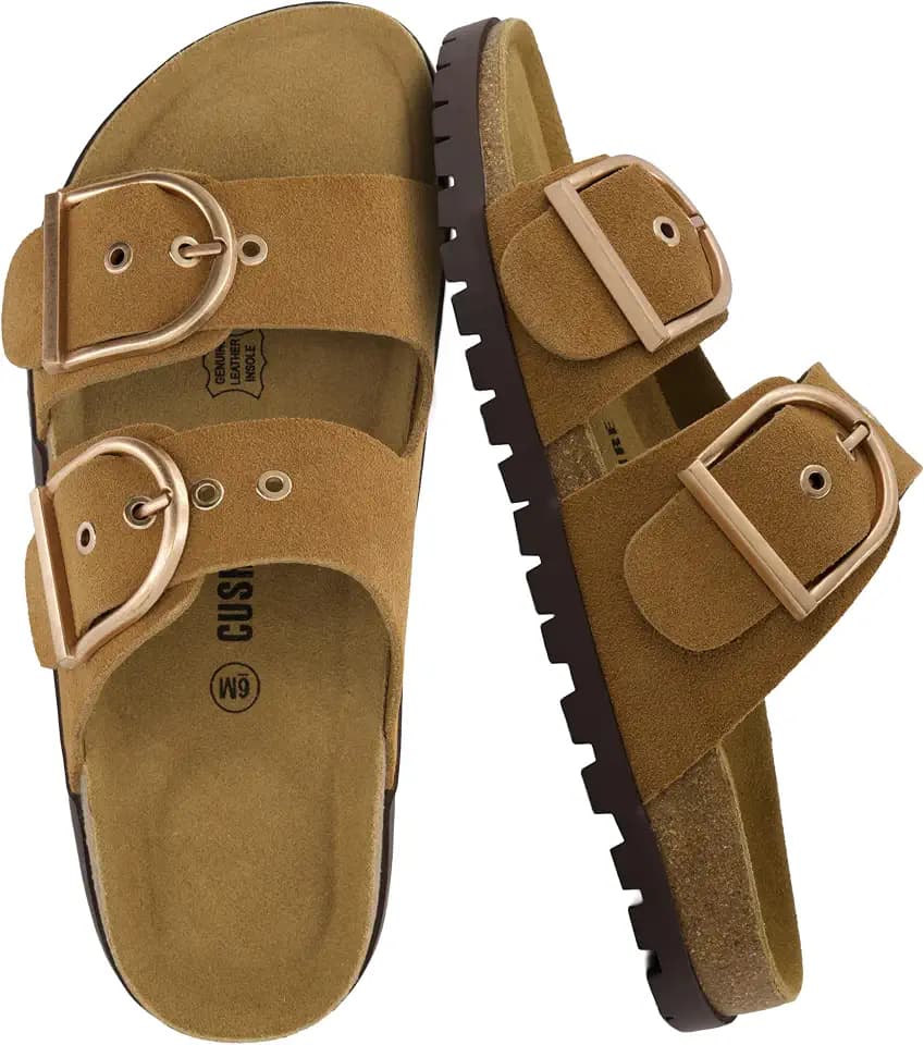 CUSHIONAIRE Brook Women’s Suede Double-Buckle Cork Footbed Slide Sandals with Memory Foam Comfort
