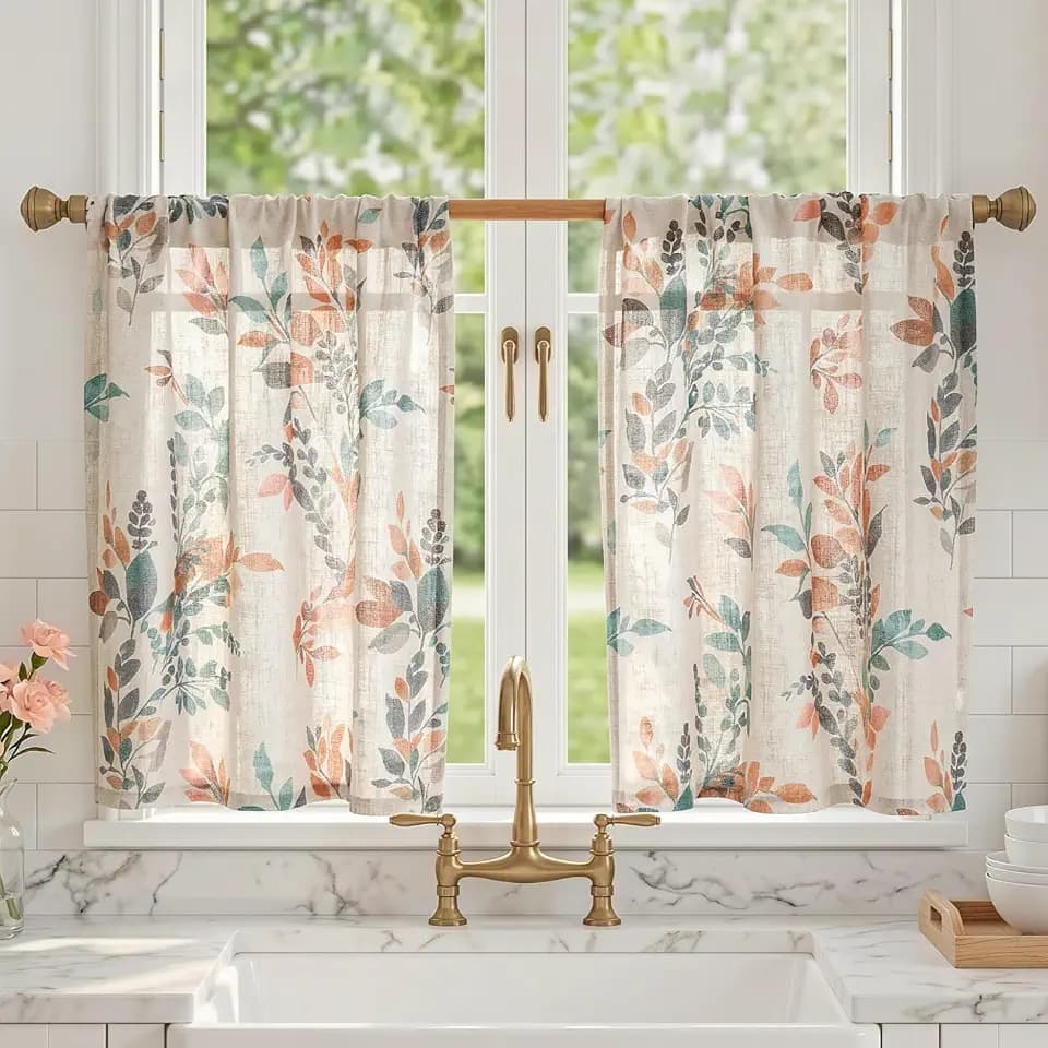 MYSKY HOME Linen Kitchen Tier Cafe Patterned Curtains 24 Inch Length 2 Panels Farmhouse Semi Sheer Privacy Small Window Treatments Rod Pocket for Bathroom Basement, Burnt Orange, 30" Each Panel