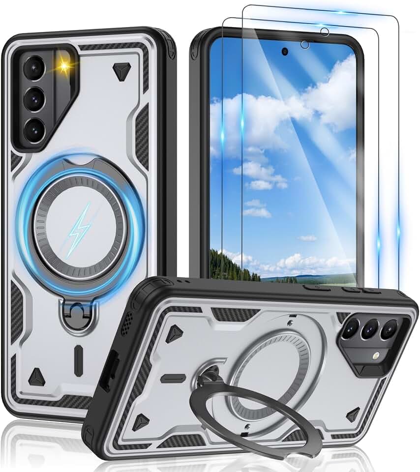 Gritup for Samsung Galaxy-S21 Case:Compatible with MagSafe & [HD Screen Protector×2],Metal Rotated Kickstand,Military Grade Drop Proof Anti-Fingerprint Protective Case for Samsung S21,Gray