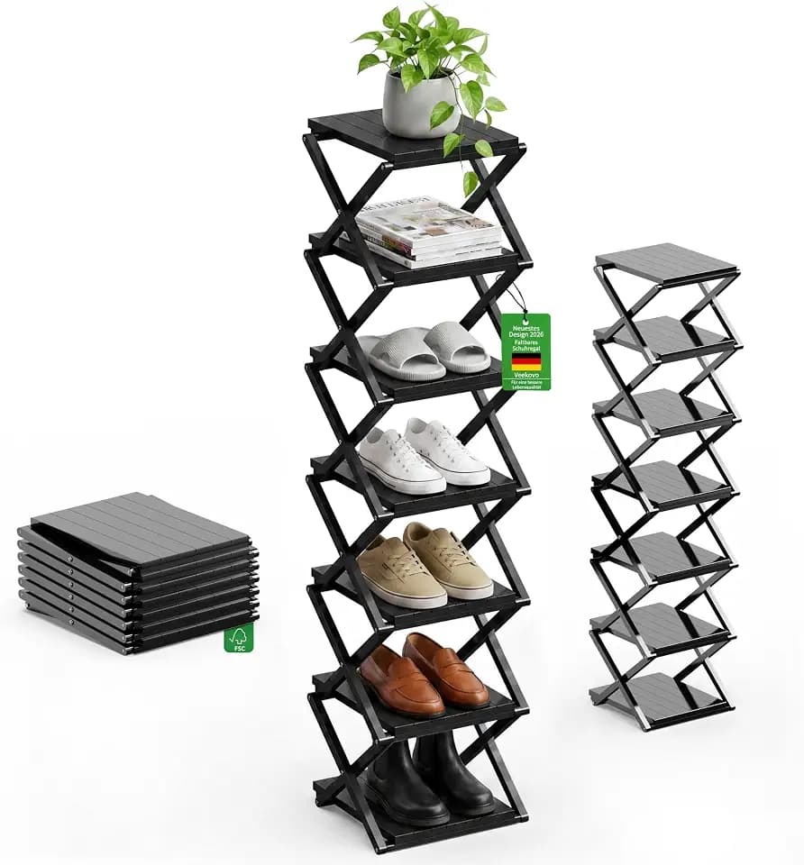schmales Schuhregal, Ohne Installation, klappbarer Schuhhalter, Tragbare Holz Schuhregale, platzsparend, multifunktional für Eingangsbereiche und Schlafzimmer (Schwarz, Verdickung 7 Schichten)