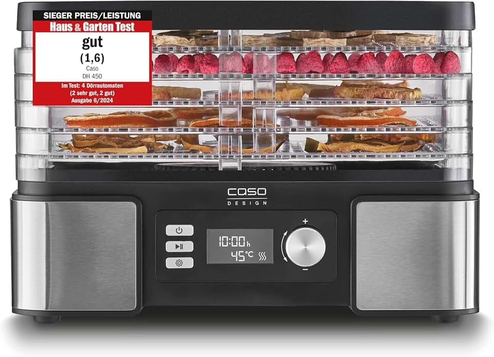 Caso DH 450 Dörrautomat, Testsieger Haus & Garten Test, für z.B. Obst, Gemüse, Kräutern etc., Temperatur individuell einstellbar von 30 ‐ 70 °C, Timer einstellbar von 0,5 ‐ 48 h