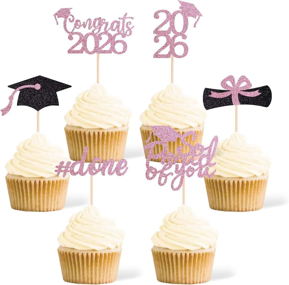 36 pcs Class of 2026 Graduation Cupcake Toppers, Pink Glitter Double-Sided Grad Cap Cake Toppers for Graduation Party Supplies, 2026 Graduate Party Cake Picks Decorations