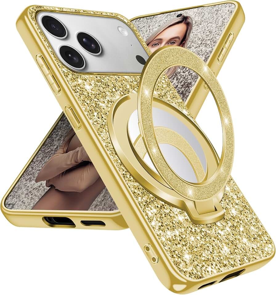 Silicone Case for iPhone 17 Pro Case Glitter Sparkle Bling Matte Back Case with Mag-Safe Mirror Stand High Impact Shockproof Protective Cover for iPhone 17 Pro Cute Cases for Women (Gold)