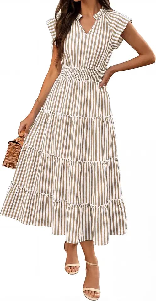 Caracilia Womens Summer Maxi Dresses Casual V Neck Cap Sleeve Gingham Striped Dress Flowy Tiered Beach Vacation Midi Sundress