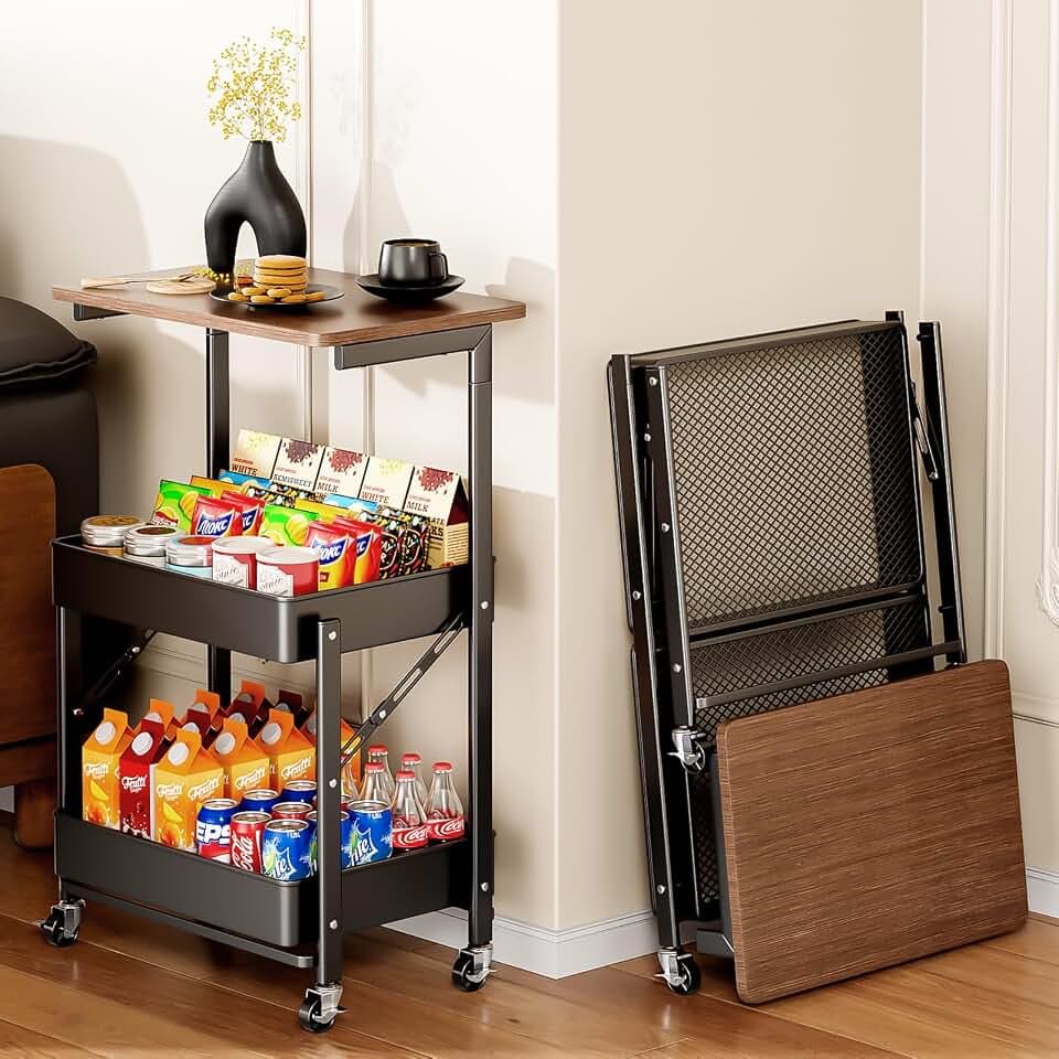 PureBox 3-Tier Rolling Cart with Lockable Wheels, Portable Storage Cart Organizer, Premium Wood Top & Carbon Steel Basket, Sturdy Multifunctional Utility Cart for Kitchen, Living Room, Black