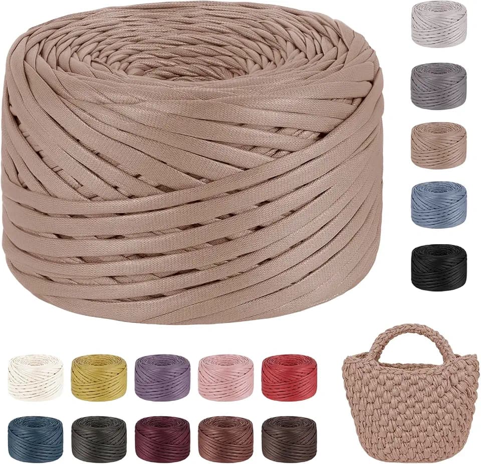 200g/90m Textilgarn zum Häkeln für Körbe, Einseitiger Leder-Look Tshirt Garn zum Häkeln & Stricken, T-shirt Garn Bändchengarn Häkelgarn für Taschen Teppiche DIY Deko (Khaki)
