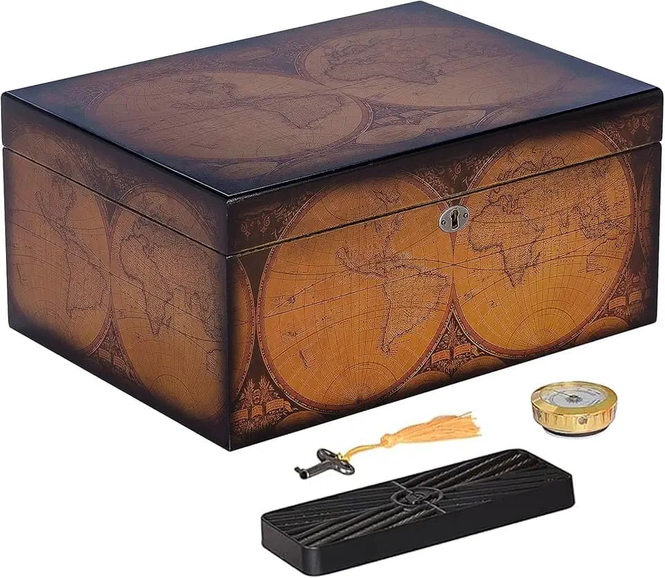 Humidor Supreme Old World Desktop Cigar Humidor - Desktop Cigar Storage with Spanish Cedar Tray & Dividers | Antique Walnut Finish Cigar Box with Humidifier & Glass Hygrometer - Holds 75 - 100 Cigars