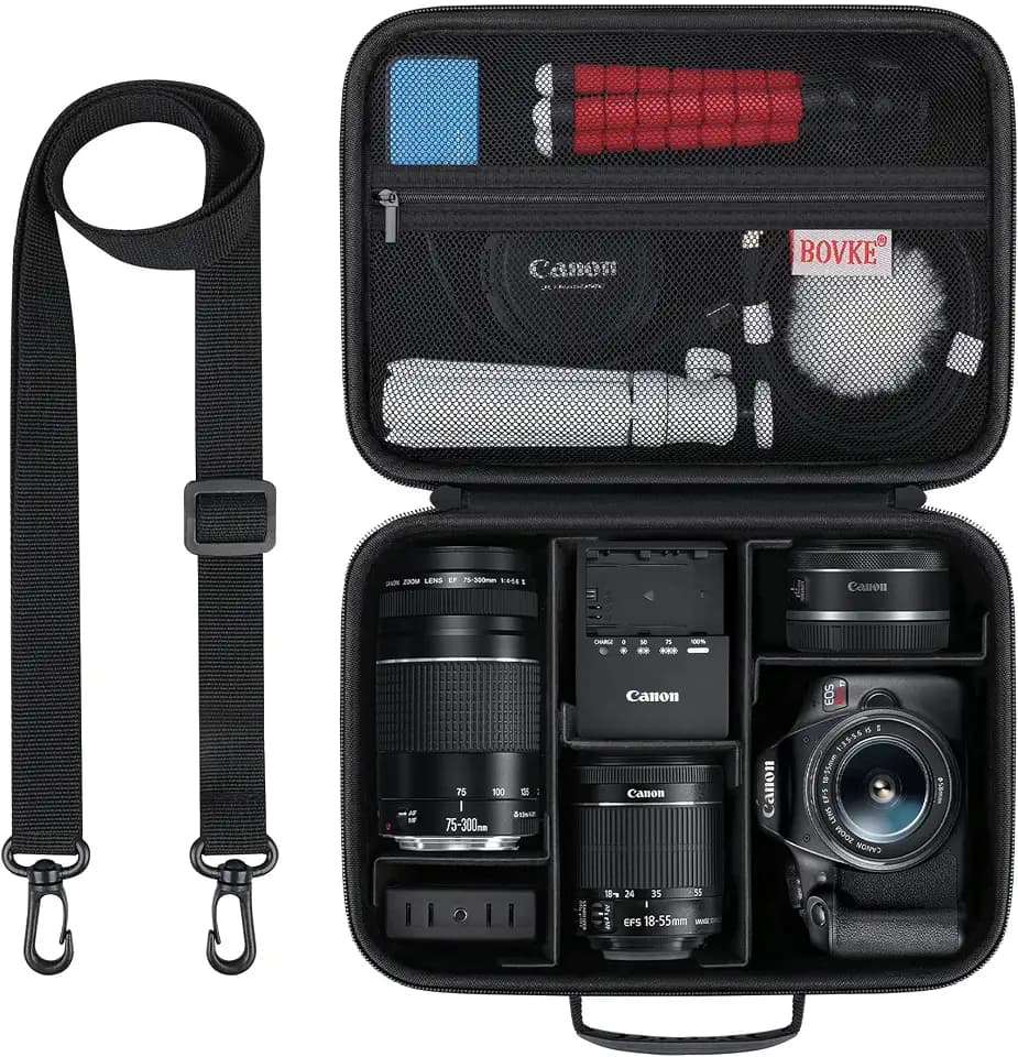 BOVKE Carrying Case for Canon EOS Rebel T7 / R50 / R6 Mark II / R100 Cameras, Storage Case for Canon, Sony, Nikon DSLR SLR Cameras, Lens, Tripod and Accessories, Shoulder Strap with 5 Dividers, Black