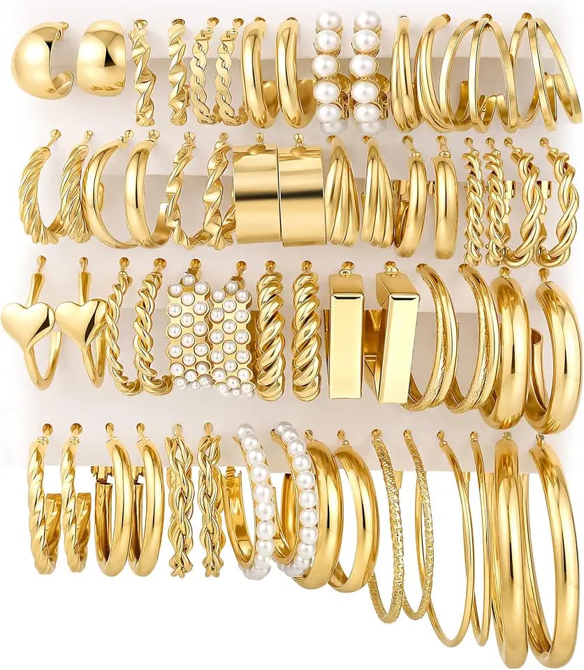 30 Pairs Gold Hoop Earrings Set for Women, Hypoallergenic Pearl Twisted Statement Hoops Multipack, Small to Chunky Hoop Earrings for Women Trendy Jewelry Gifts
