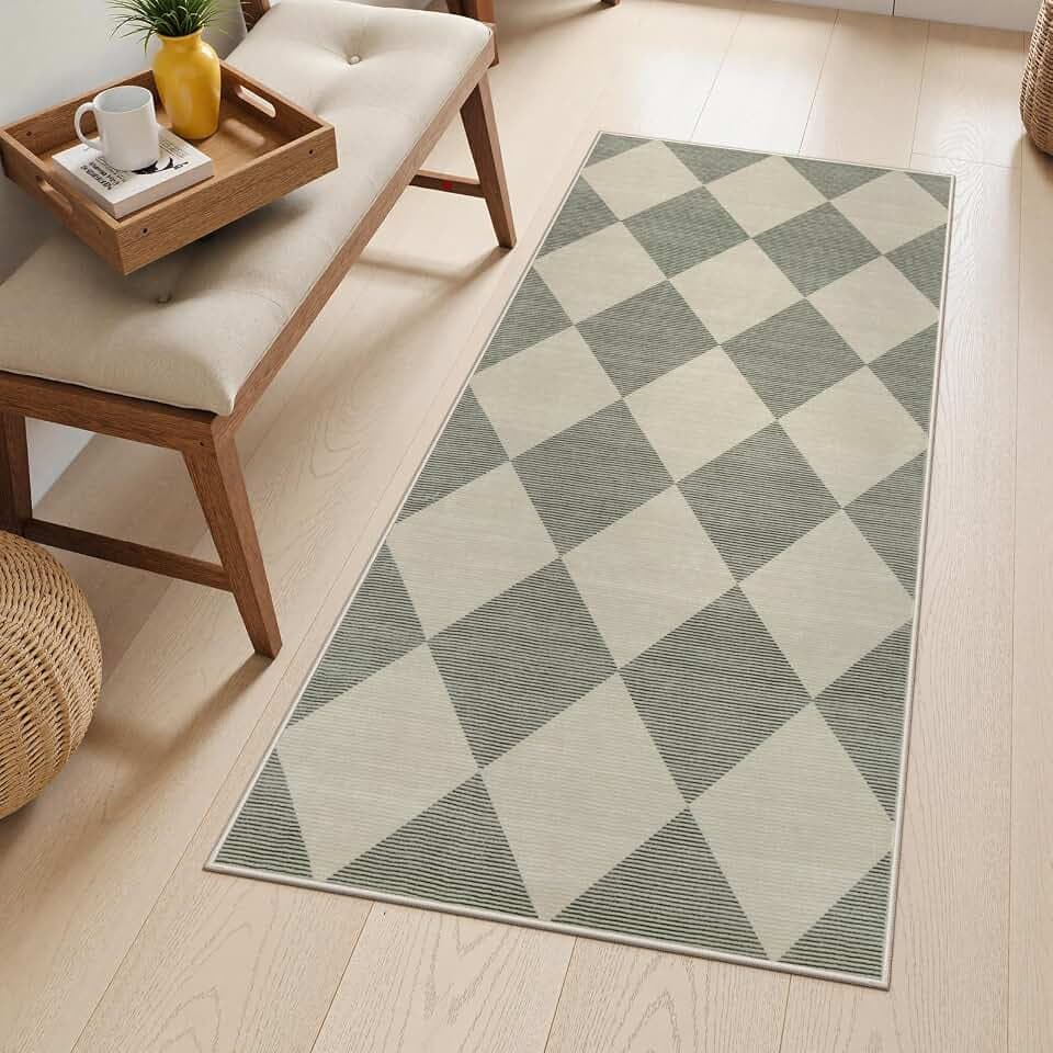 Beeiva Checkered Rug Runners for Hallways Non Slip, 2x4 Washable Runner Rug for Kitchen Ultra Thin Green Entryway Runner, Gingham Diamond Decor Farmhouse Throw Carpet for Bathroom Laundry