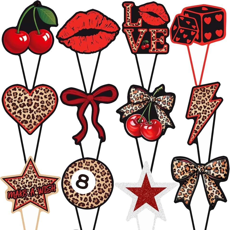 48pcs Red Cheetah Print Cupcake Toppers Y2K Cherry Leopard Party Decorations Y2K Leopard Print Cherry & Lip Cupcake Picks for Retro 2000s Themed Party Supplies