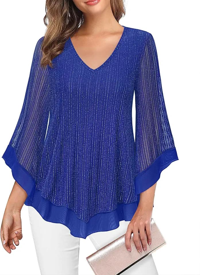 Lotusmile Womens Dressy Blouse Double Layers Mesh Shirt Ruffle 3/4 Flared Sleeve Tunic Tops