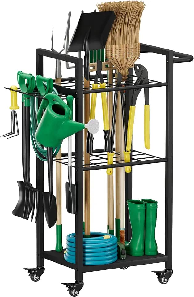 Garden Tool Organizer with Wheels, Yard Tower Rack, Black