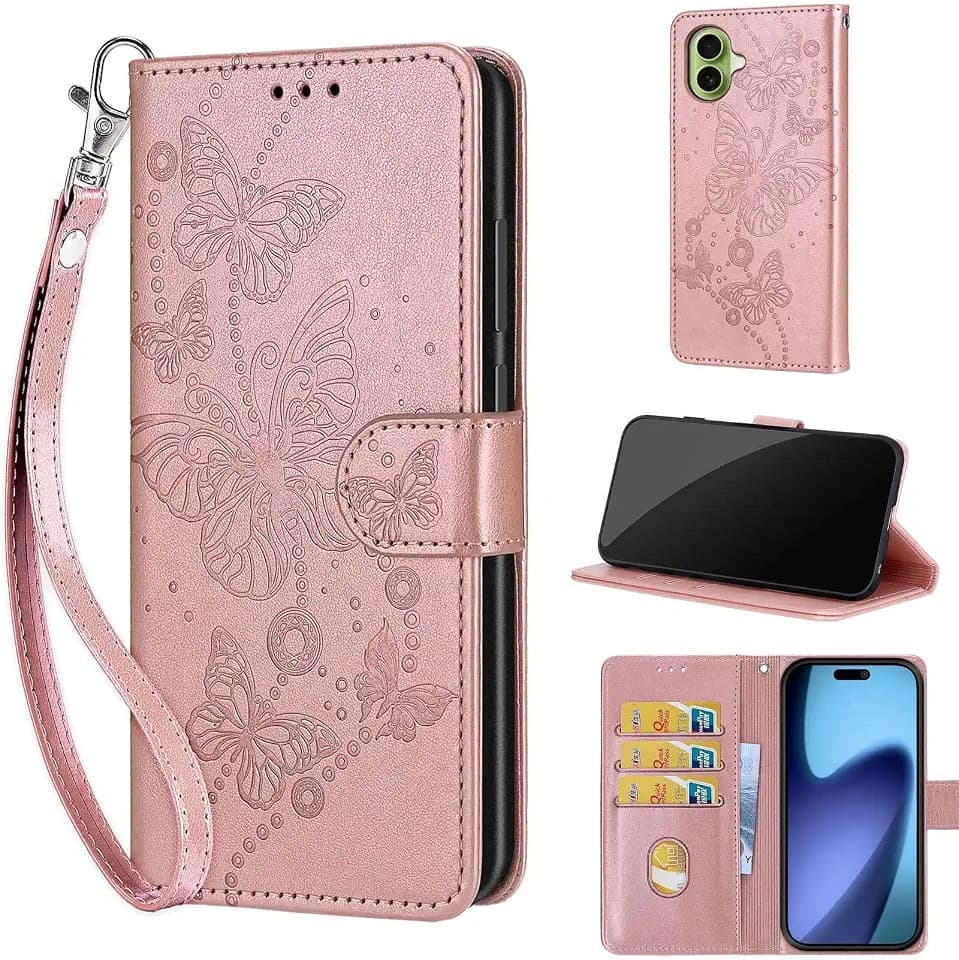 Wallet Case for iPhone 17, Rose Gold Butterfly
