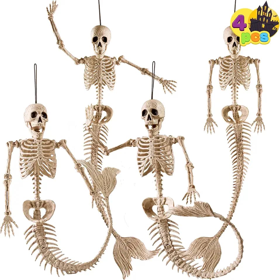 JOYIN 4 PCS 20” Mermaid Skeleton Hanging Plastic Bones Halloween Decorations with Posable Joints for Indoor Outdoor Photo Props Graveyard, Trick or Treat Decor, Spooky Scene Party Favors