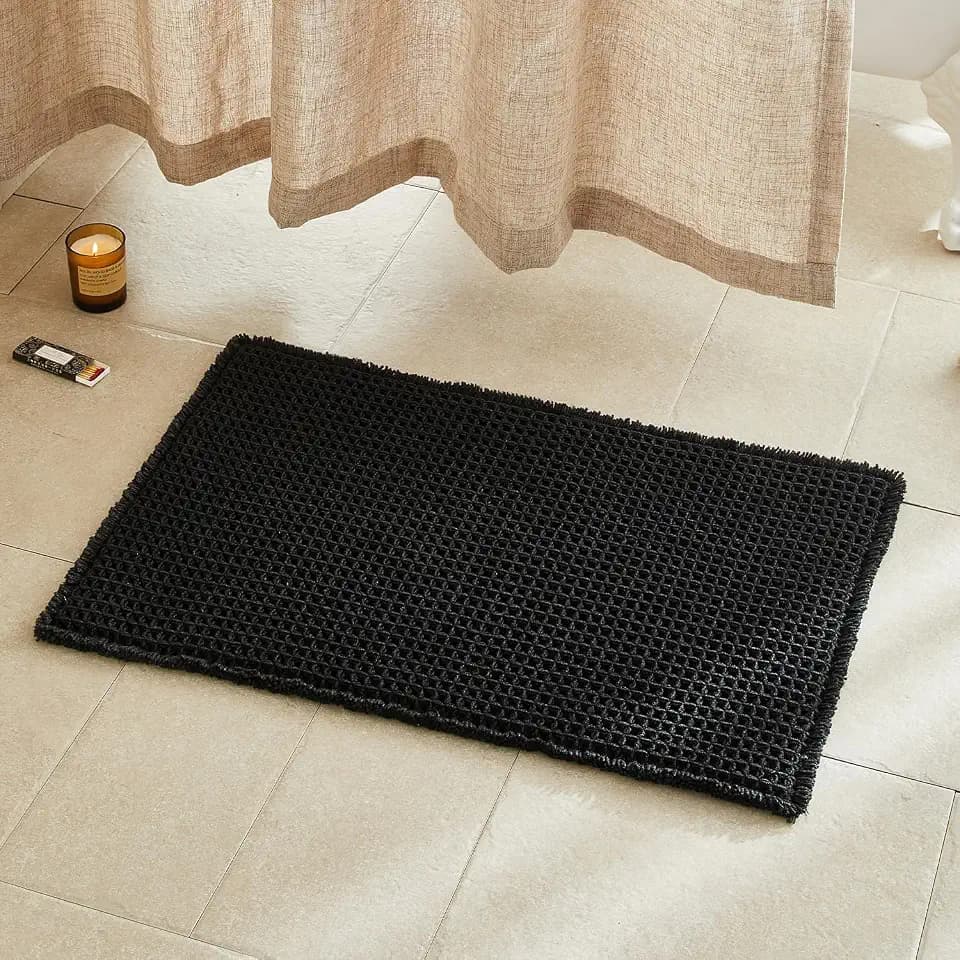 TYUU Black Waffle Bath Mat, Boho Bathroom Rugs Non Slip Washable, 30x20