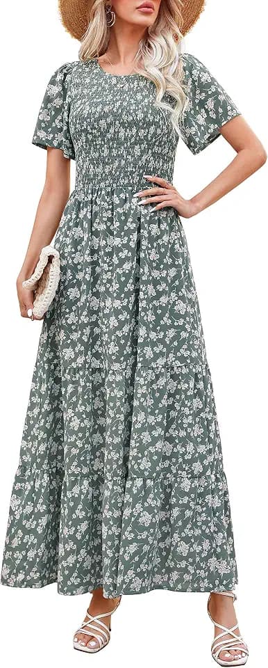 Kranda Women 2025 Summer Fall Crewneck Short Sleeve Smocked Floral Maxi Dress