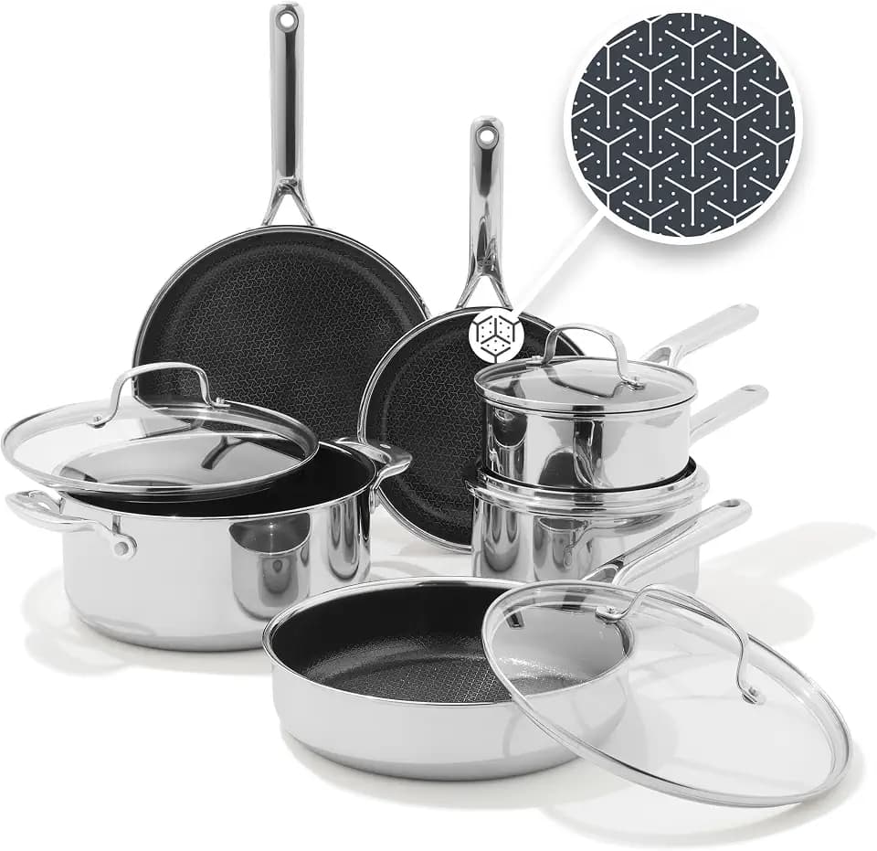 OXO Hybrid 10 Piece Cookware Pots & Pans Set, PFAS-Free Ceramic Nonstick, Fusion Boost Tech for Powerful Searing, Induction & All Cooktop Compatible, Dishwasher Safe, Mirror Polished Tri-Ply