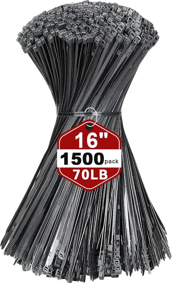 KAMOTA 16 Inch Black Nylon Zip Ties, 1500 Pack Self-Locking 70lb Tensile