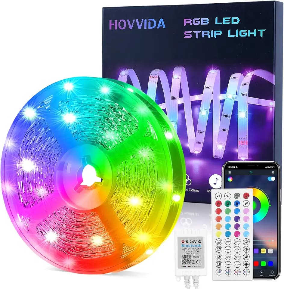 HOVVIDA LED Strip 15m, 1x15m, 30 LEDs/Meter, RGB LED Streifen, 450 LED, APP und Fernbedienung, Musikmodus, Timing-Modus, LED für Zimmer, Wohnzimmer, Küche, Schlafzimmer, Bar, Party