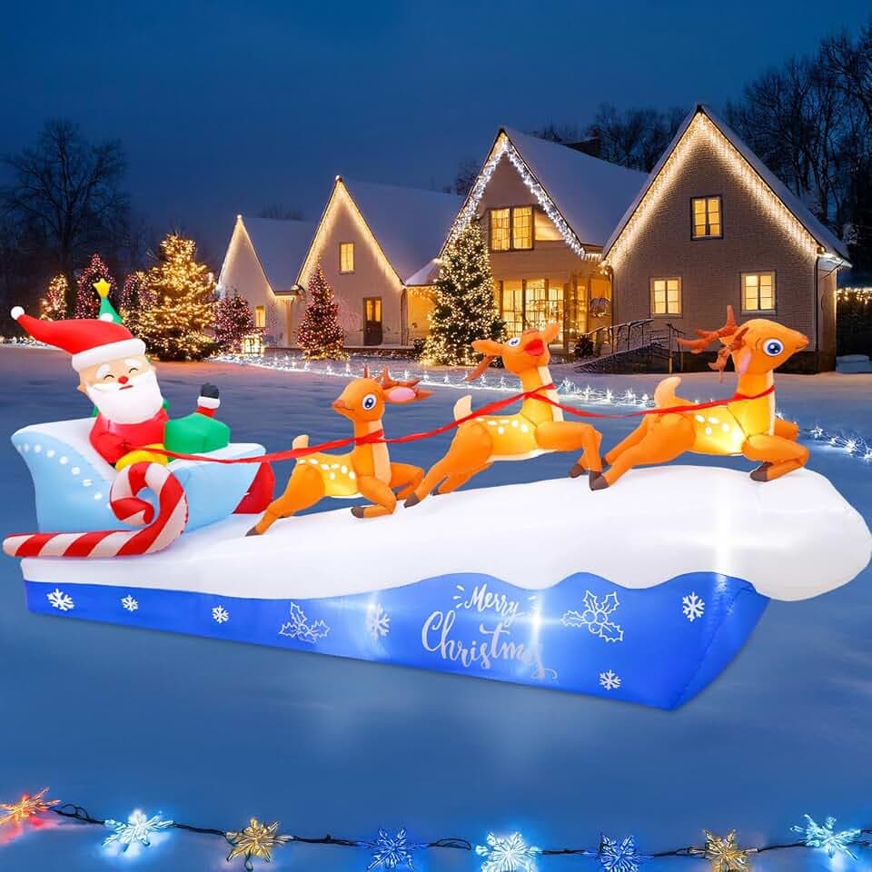OurWarm 10FT Christmas Inflatables Outdoor Outdoor Decorations, Santa Sleigh with Reindeer Christmas Blow Up Yard Decorations with LED Lights, Xmas Inflatable for Outdoor Lawn Yard Holiday Decor