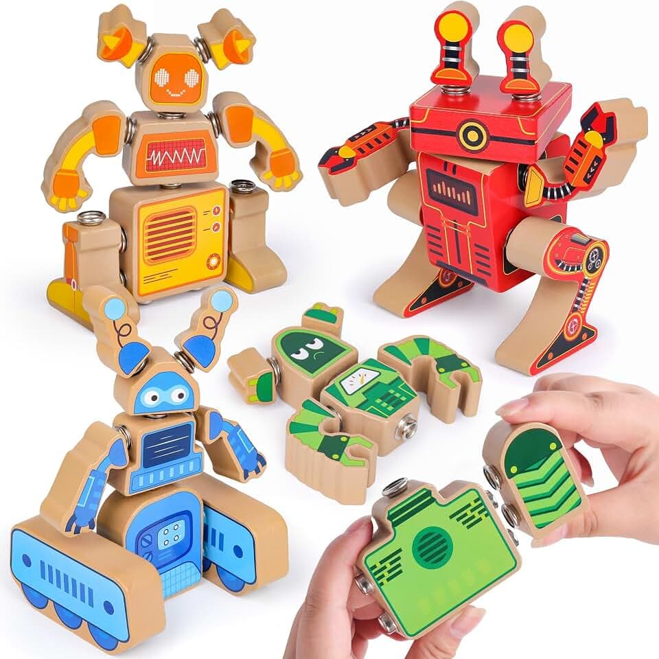 Coogam hölzerner Roboter-Baustein-Satz, Snap zusammen Roboter-Builde