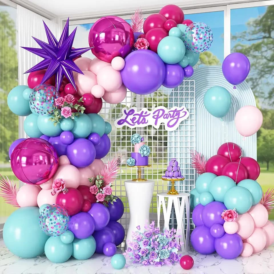 Pink and Teal Blue Balloon Arch Kit with Star Foil and 4D Round Balloon