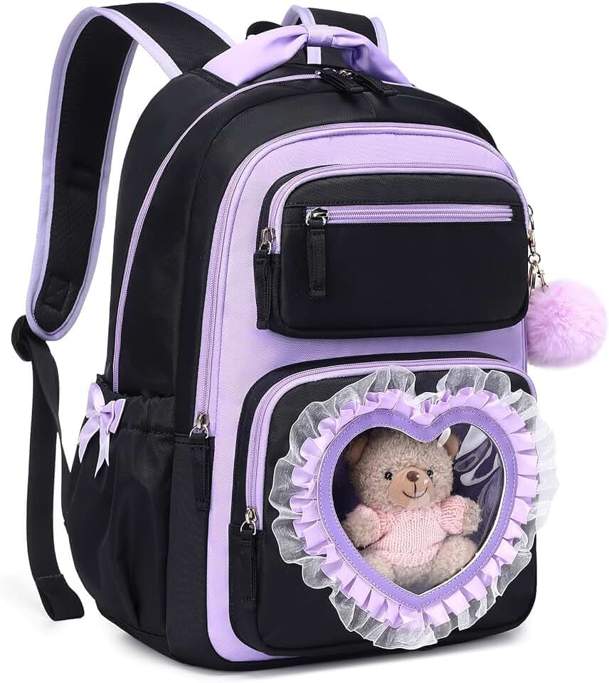 MOONBABY Girls Backpack for School, Cute Kawaii Ita Backpack with Heart Window, Large Backpacks for Girls Age 6-12, Kids Bookbag with Laptop Sleeve for Elementary & Middle School