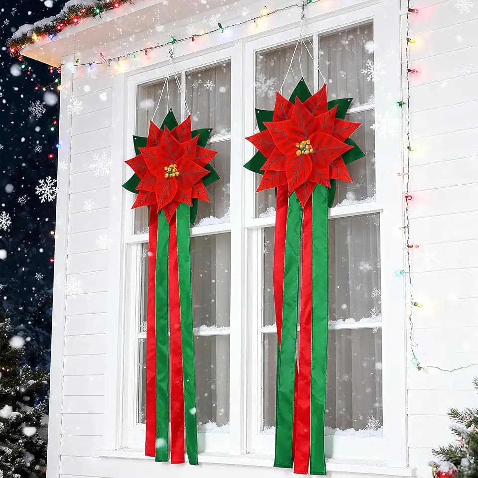 Tellegloww 2 Pcs Christmas Poinsettia Windsock 47 Inch Outdoor Hanging