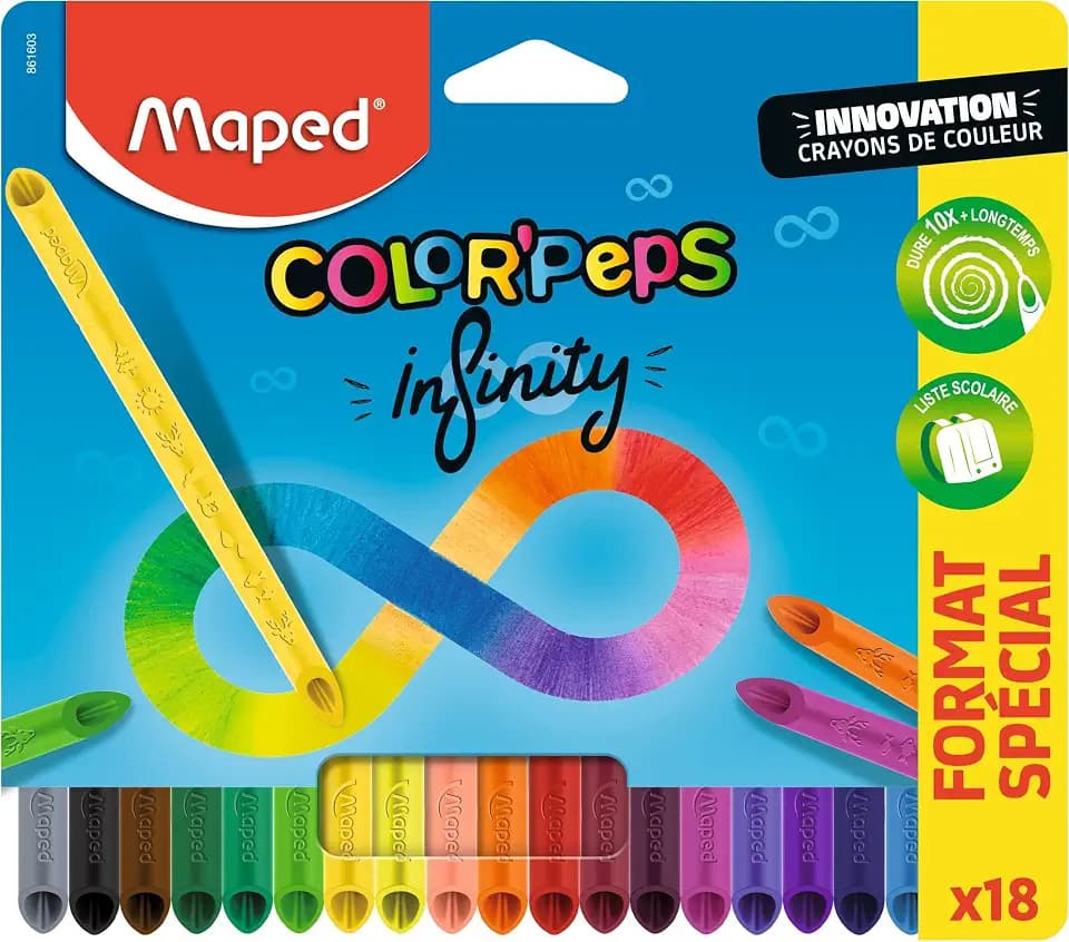 Maped - Color'Peps Infinity Buntstifte – 100% Mine, 100% verwendbar – kein Abfall – ohne Anschneiden – hält sehr lange – ergonomische Dreiecksform – Beutel mit 18 Stiften