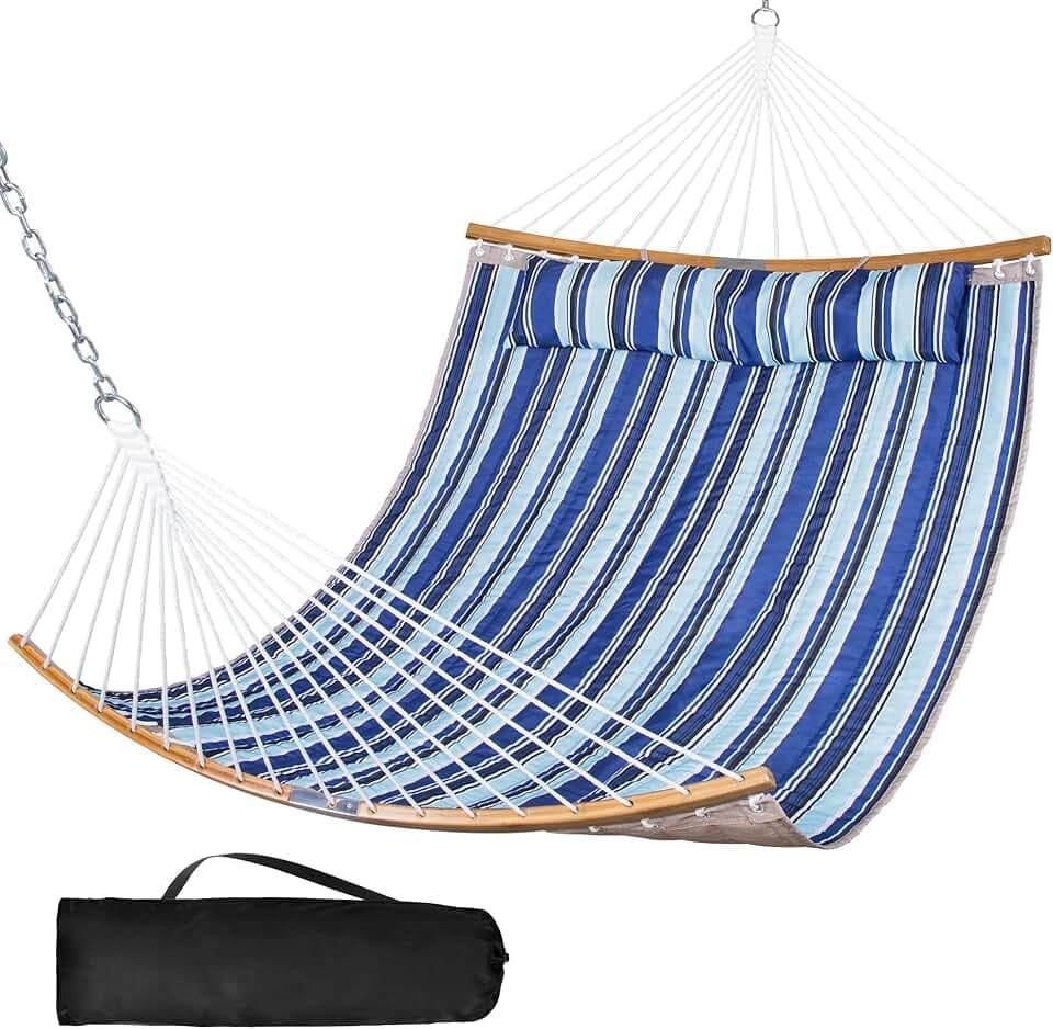 SUNCREAT 2 Person Hammock with Curved Spreader Bar, Blue Stripes