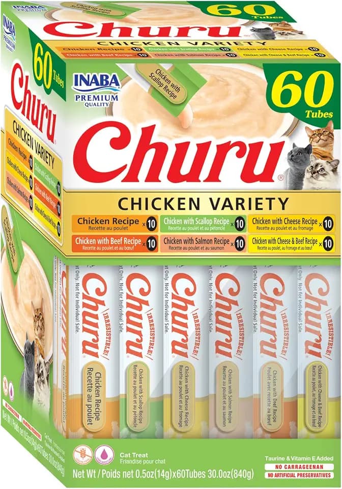 INABA Churu Cat Treats, Lickable, Squeezable Creamy Purée Cat Treat with Green Tea Extract & Taurine, 0.5 Ounces Each Tube, 60 Tubes, Chicken Variety Box