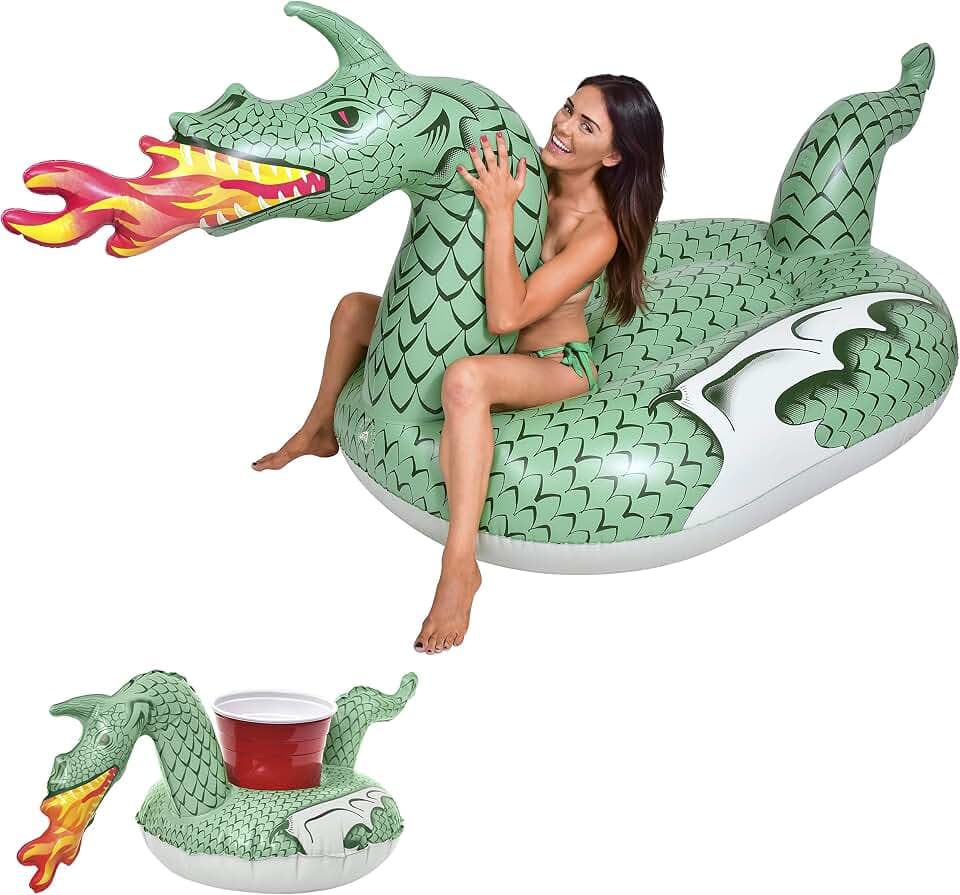 GoFloats Giant Inflatable Pool Floats - Choose Unicorn, Dragon, Flamingo, Swan, or Bull - Includes Drink Float