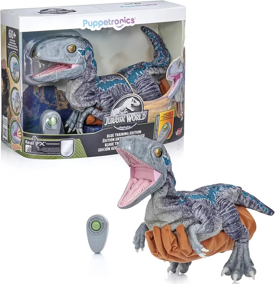 Wow! Stuff: Jurassic World Blue Training Edition Puppetronic by RealFX - Interactive Baby Raptor, 60+ Actions & Sounds, 22" Dinosaur Toy, Ages 8+