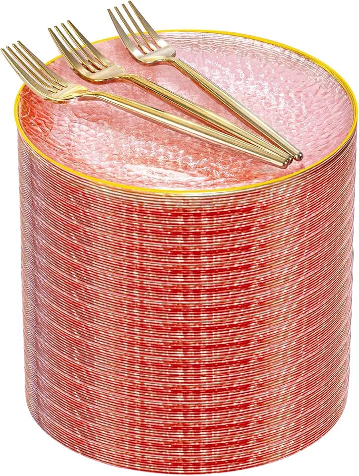 Rubtlamp 200Pcs Pink Plastic Dessert Plates with Gold Rim, 6inch Fancy Plastic Plates Include 100 Hammered Appetizer Plates and 100 Disposable Gold Forks for Party Teatime Birthday