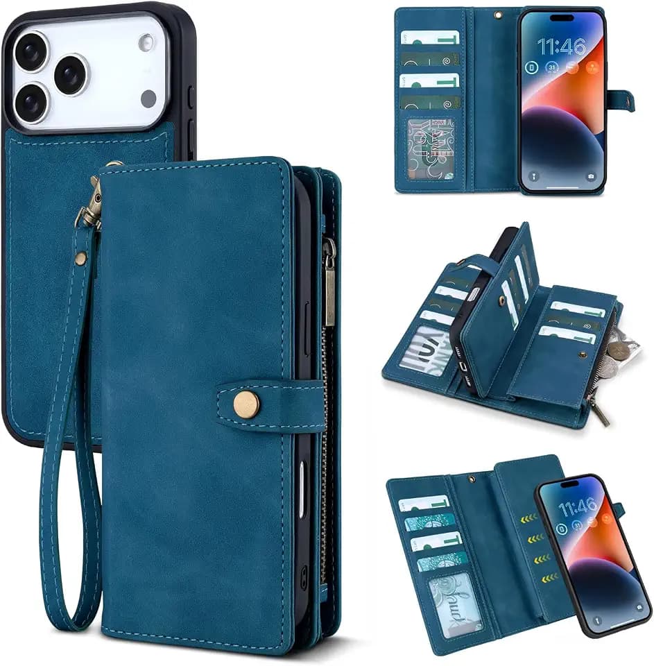 TwoHead Wallet Case for iPhone 18 Pro/17 Pro,11 Card Holders,Navy Blue