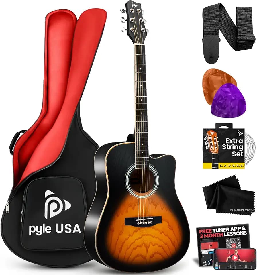 Pyle Acoustic Guitar Kit, Full Size 41" Steel String Cutaway with Ashtree Top, Open-Poured Matte Finish, Premium Accessory Set Armored Gig Bag, Strap, Strings, Picks, Sunburst Teardrop Matte