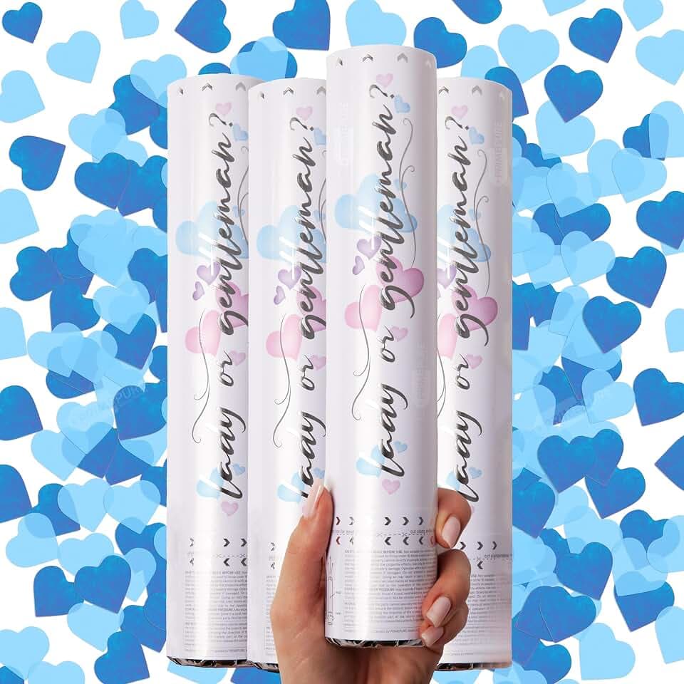 PrimePure Gender Reveal Confetti Cannon, Biodegradable Blue Hearts, 4 Pack