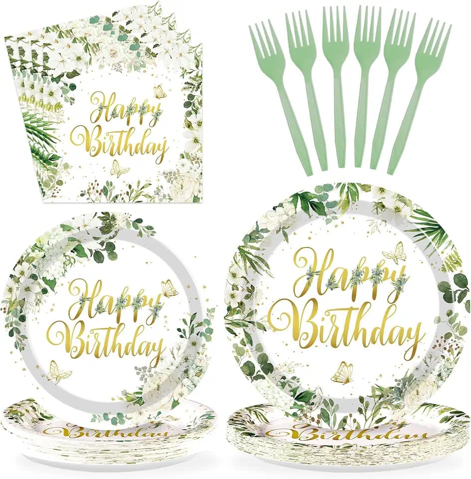 Greencian 96Pcs Sage Green Happy Birthday Party Decoration, Serve 24