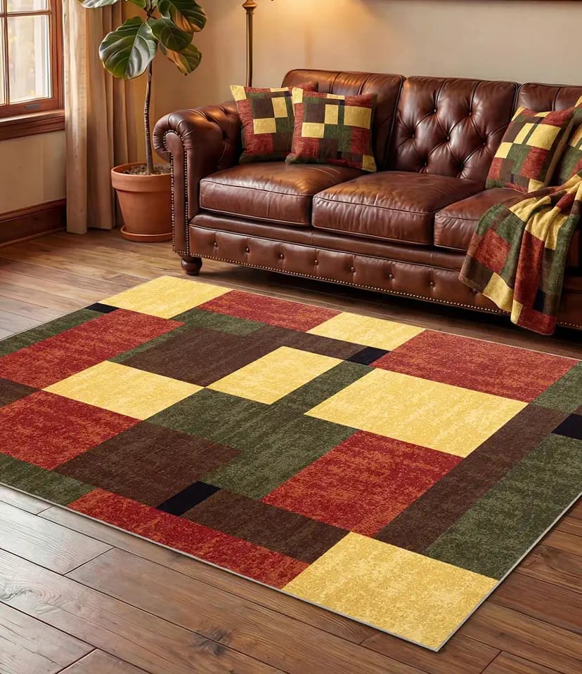 YIHOUSE Red and Green Rug 3x5, Burgundy Farmhouse Vintage Rugs Washable for Living Room,Burnt Orange Area Rug Non Slip,Geometric Boho Area Rug for Kitchen,Dining Room,Bedroom